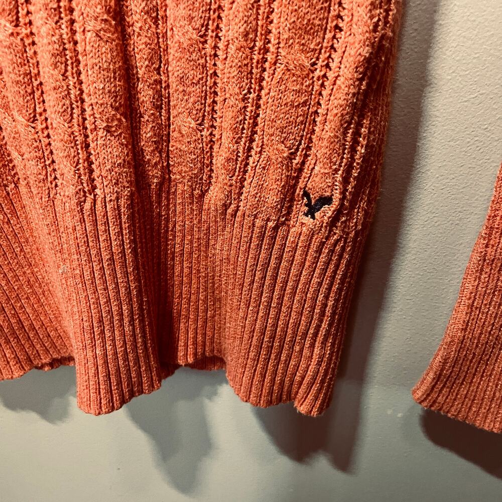 American Eagle Sweater Y2K Academia Peach Deep V Neck Long Sleeve Ribbed Knit L - Picture 2 of 6